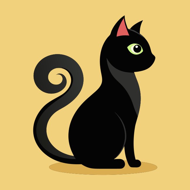 Black Cat Sitting Curled Tail Minimal Design