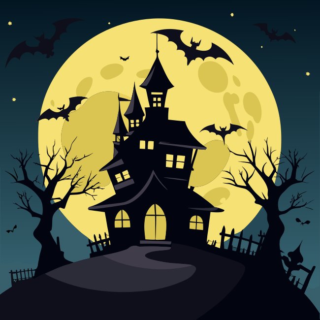 Haunted House Silhouette With Bats And Moon