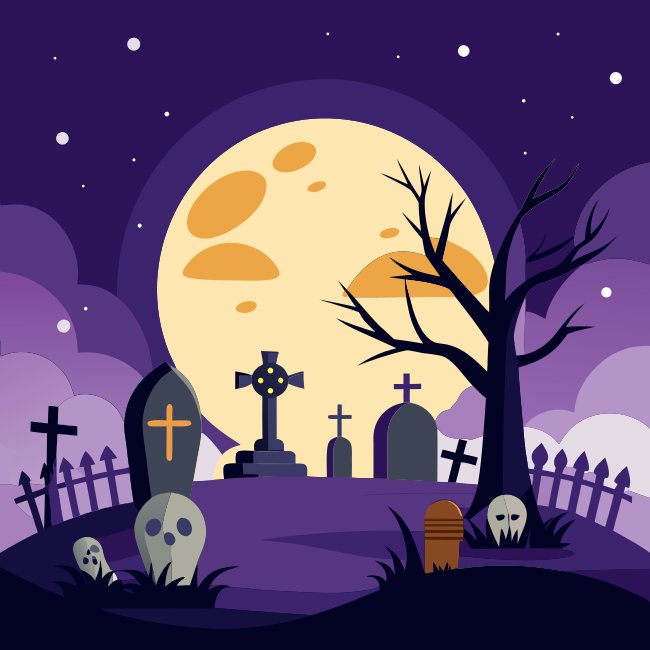 Halloween Graveyard Scene With Tombstones And Moon