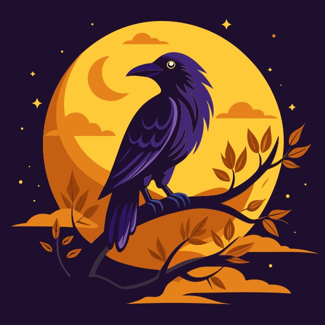 Raven On Branch With Crescent Moon Halloween