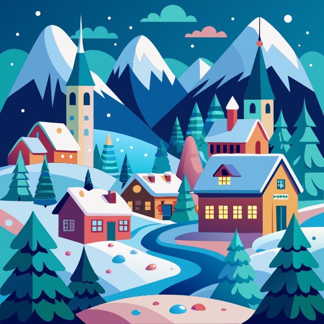 Snowy Village Illustration Svg