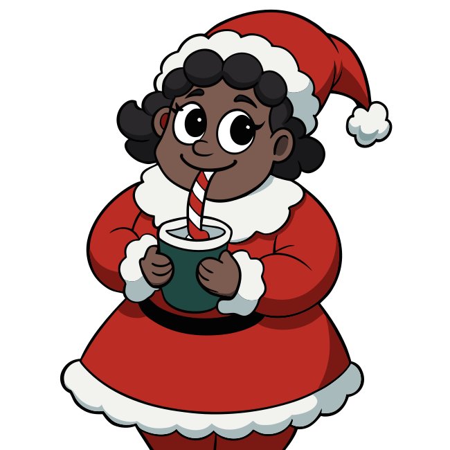 Adorable Curvy Black Mrs Claus Sipping Cocoa