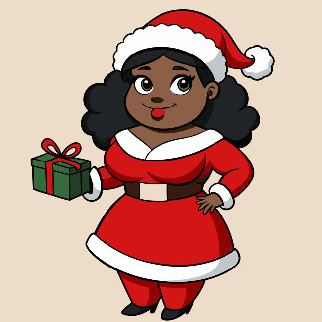 Cute Curvy Black Woman Santa Holding Gift