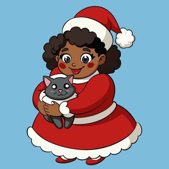 Festive Curvy Black Woman Santa Hugging Kitten