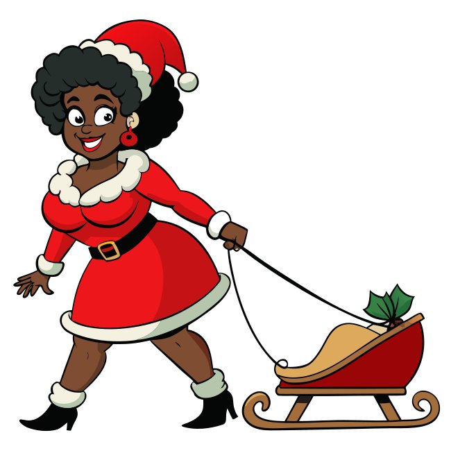 Playful Curvy Black Woman Santa Pulling Sleigh