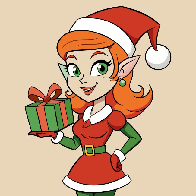 Mischievous Female Santa Elf Holding Gift