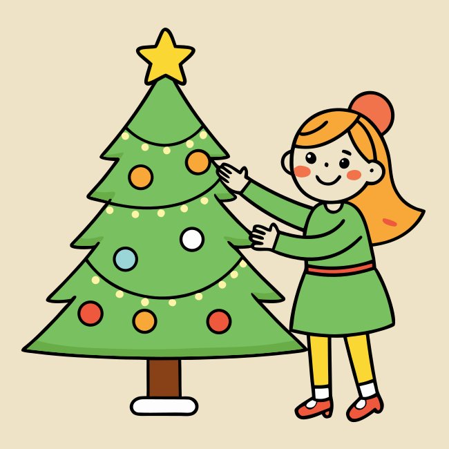 Playful Helper Woman Decorating Tree Vector