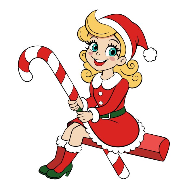 Playful Miss Claus Sitting On Candy Cane