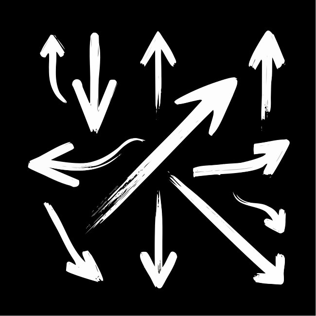 White Sketch Ink Hand Drawn Grunge Arrows Vector Icon SVG Set Black Background