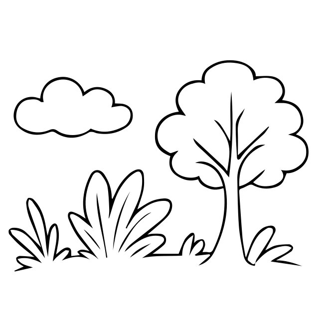 Tree Nature Scene In Outline Drawing Cartoon Illustration Stule