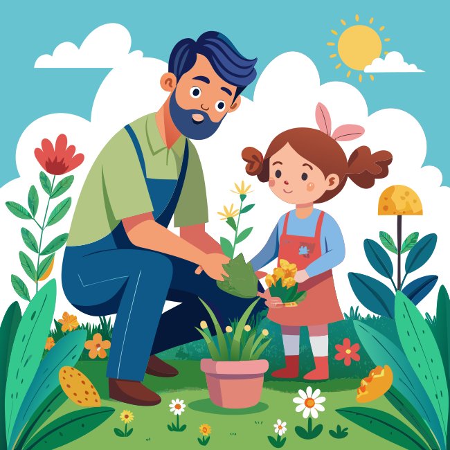 Father Daughter Planting Garden Flowers SVG
