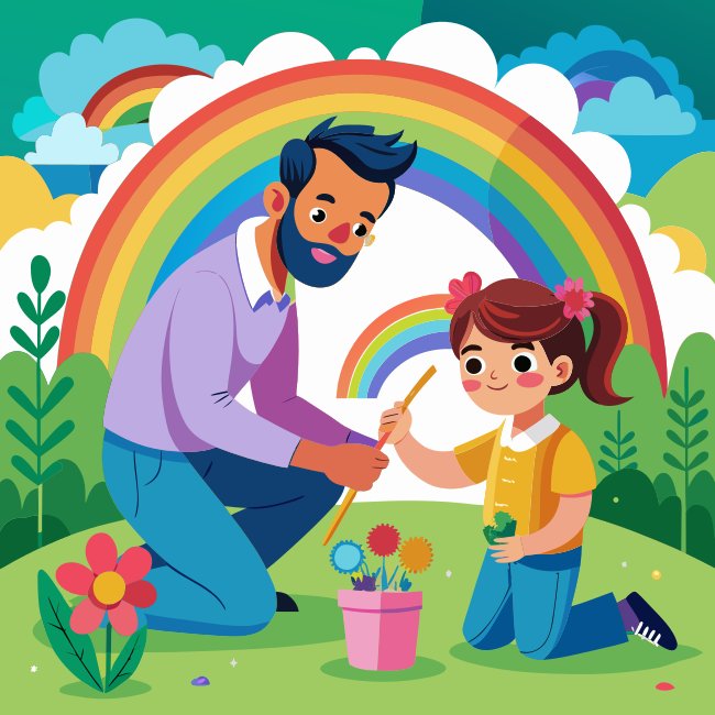 Father Daughter Painting Rainbow Outdoors SVG