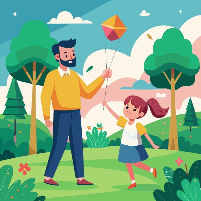 Girl Dad Flying Kite Park SVG Illustration